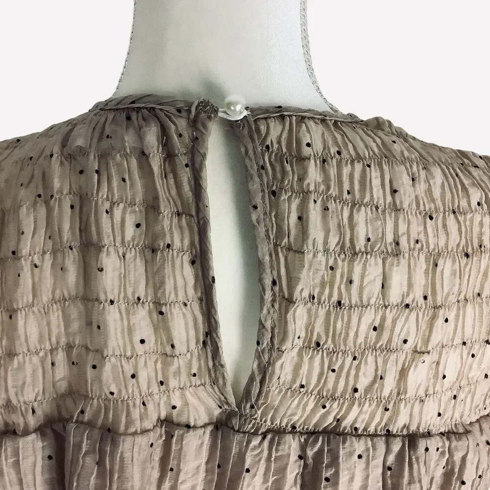 Women M Smocked Flutter Sleeve Mini Knee Dress Tan Dot Sheer Chifon Kawaii Fairy